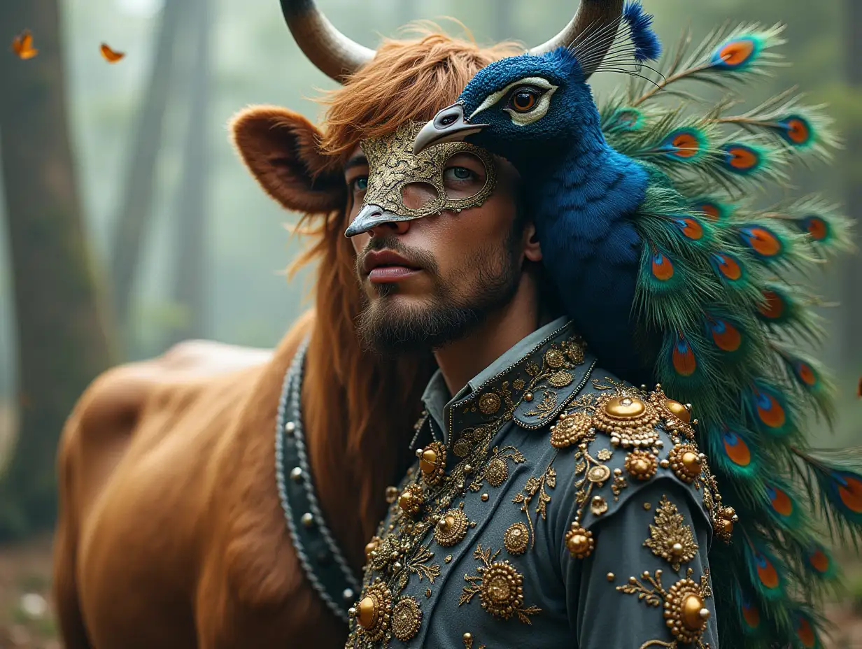 Ki fantasy a mix of man with peacock and cow with fashion design