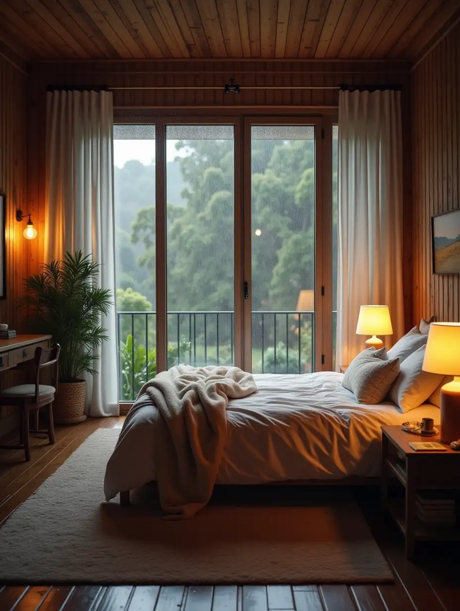 Cozy-Bedroom-with-Rainy-Day-Ambiance-and-Soft-Lighting