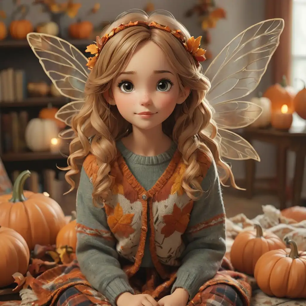 Fall Fairy in Cozy Living Room with Pumpkins and Autumn Decor