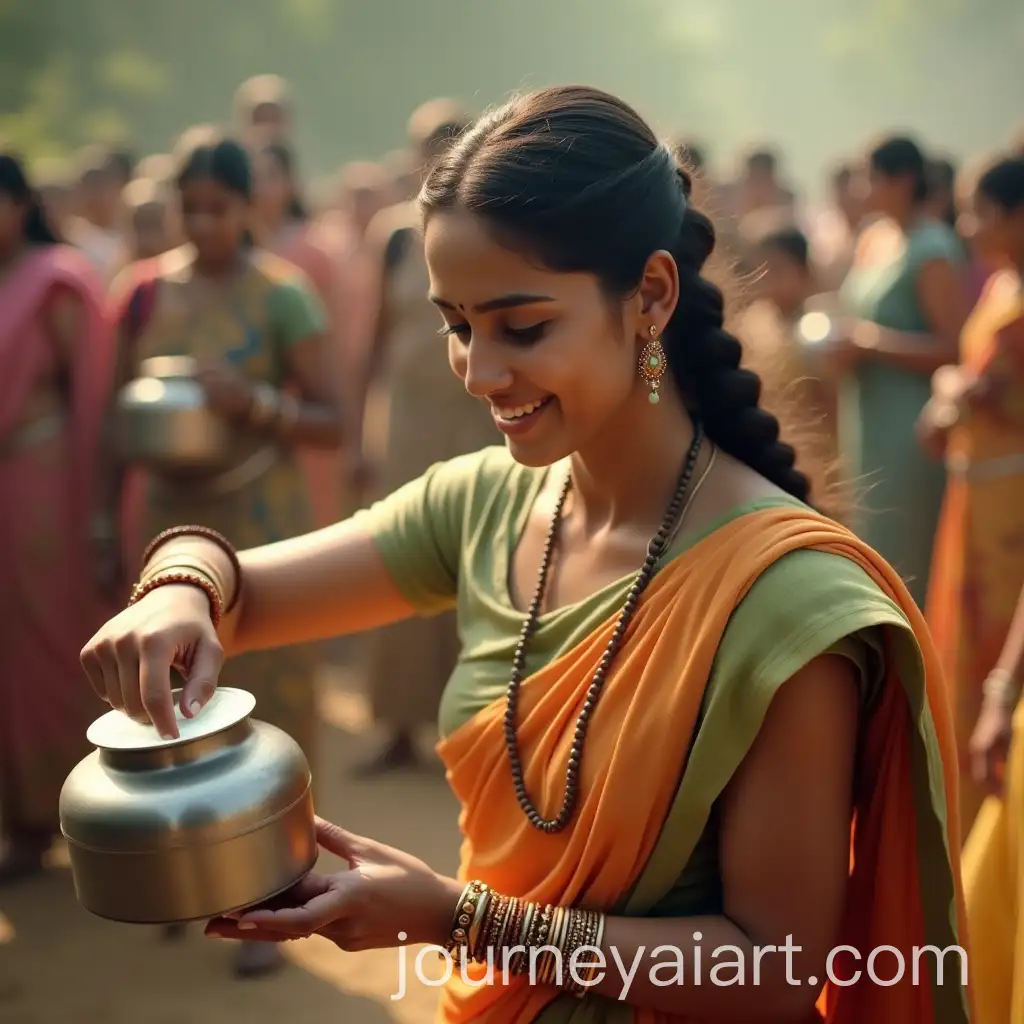 Young-Woman-in-Traditional-Indian-Attire-Pouring-Milk-in-Rural-Village-Setting