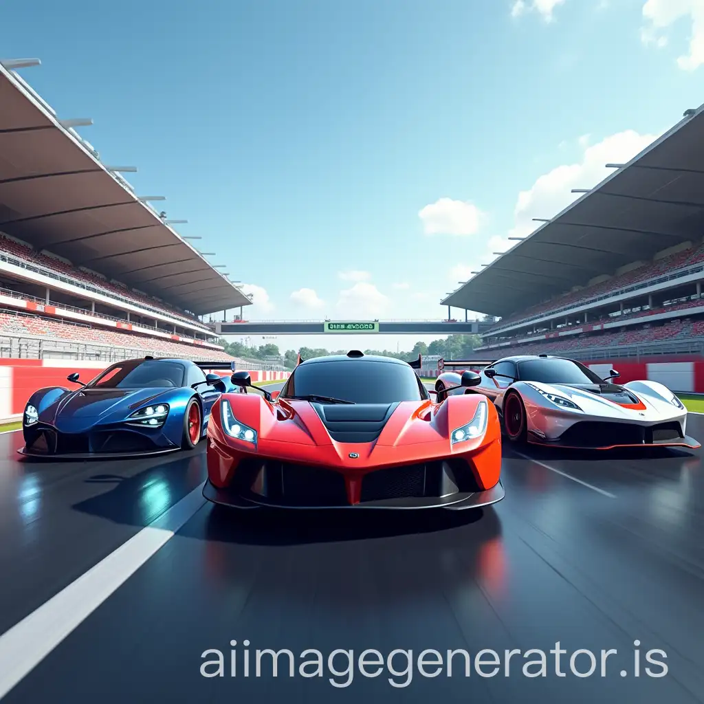 Generate a high-quality image of sleek race cars on a professional racing track, lined up and ready for a high-stakes competition. The cars should have modern aerodynamic designs with vibrant, eye-catching colors and detailed wheels. The scene should include a realistic track environment with grandstands, bright lights, and a clear sense of motion and energy, making it perfect for use as a button icon in a racing-themed video game