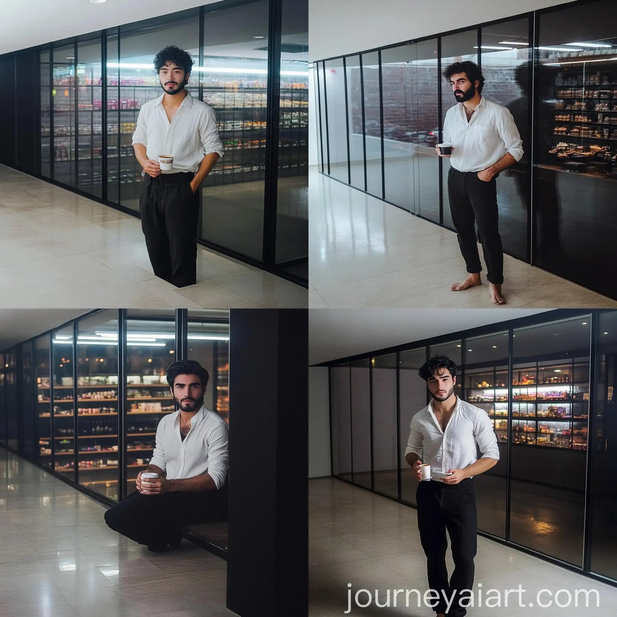 Young-Man-with-Coffee-Cup-White-Shirt-and-Black-Pants