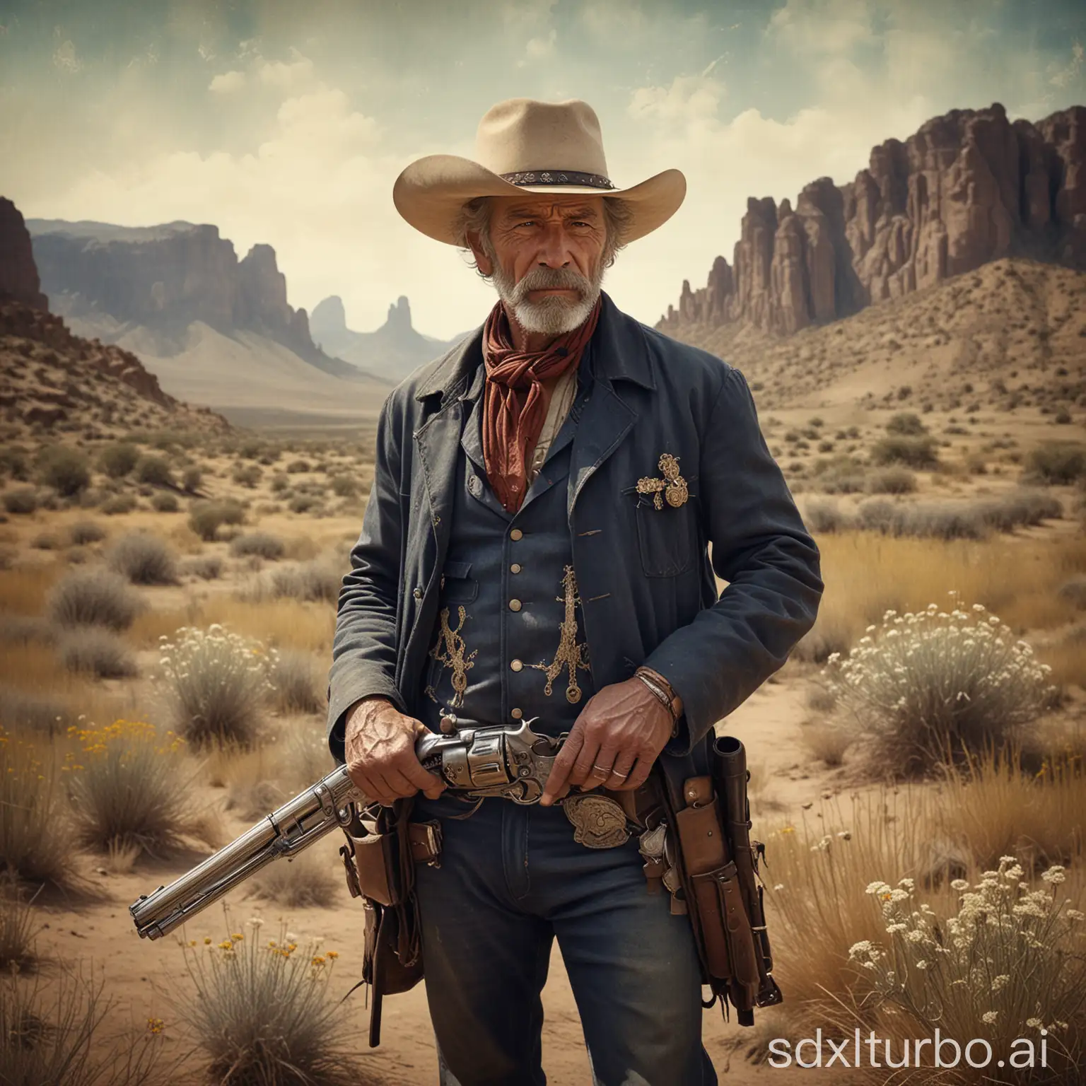 A hot sexy old cowboy holding a Navy revolver in one hand, in a western landscape, flowering tumbleweeds are around, old west vibes, heavy textured paper with scratches, Rembrandt painting style, dusty environment