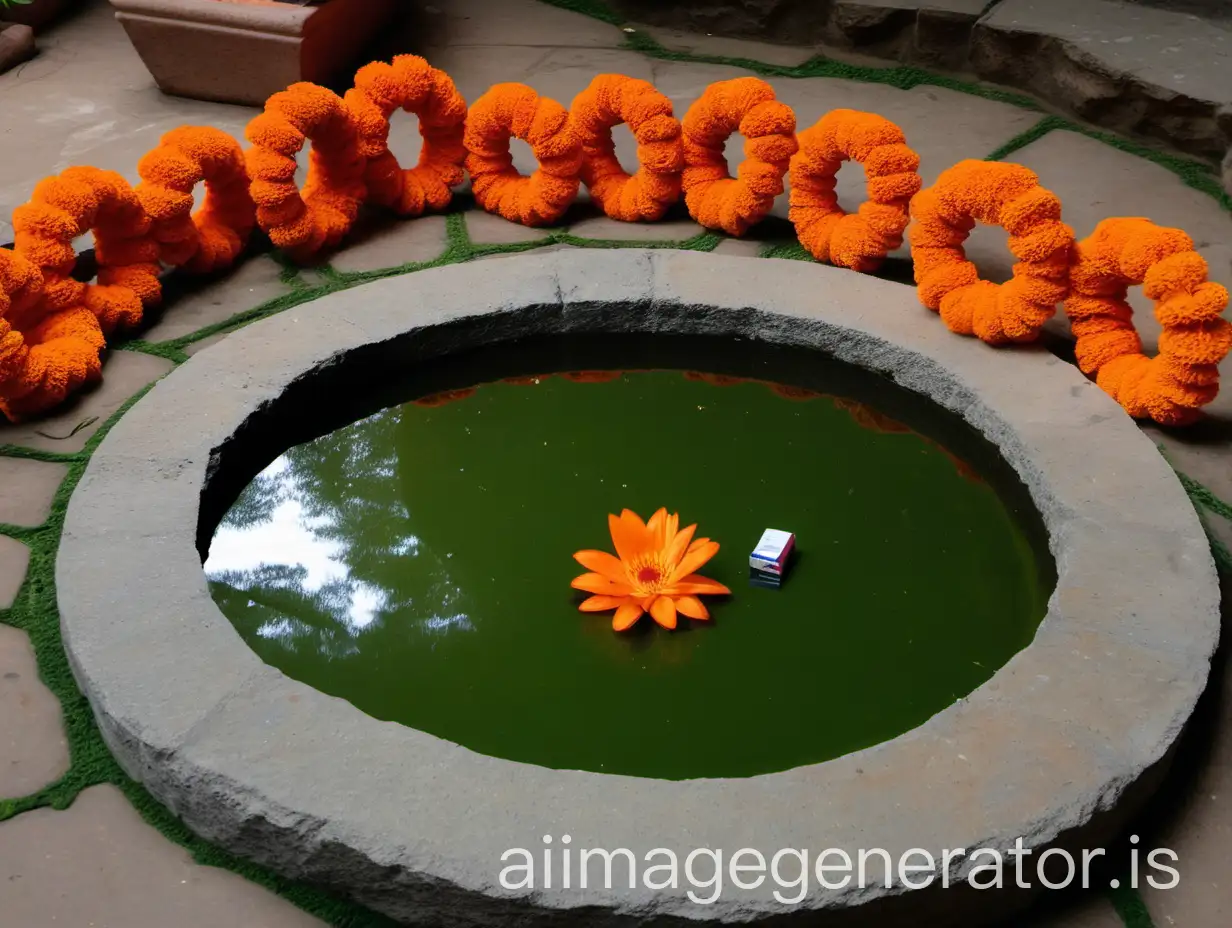 Indian-Hindu-Ashram-Pond-Scene-with-Oil-Bottle-Orange-Bath-Towel-Flower-Garland-and-Power-Spectacles