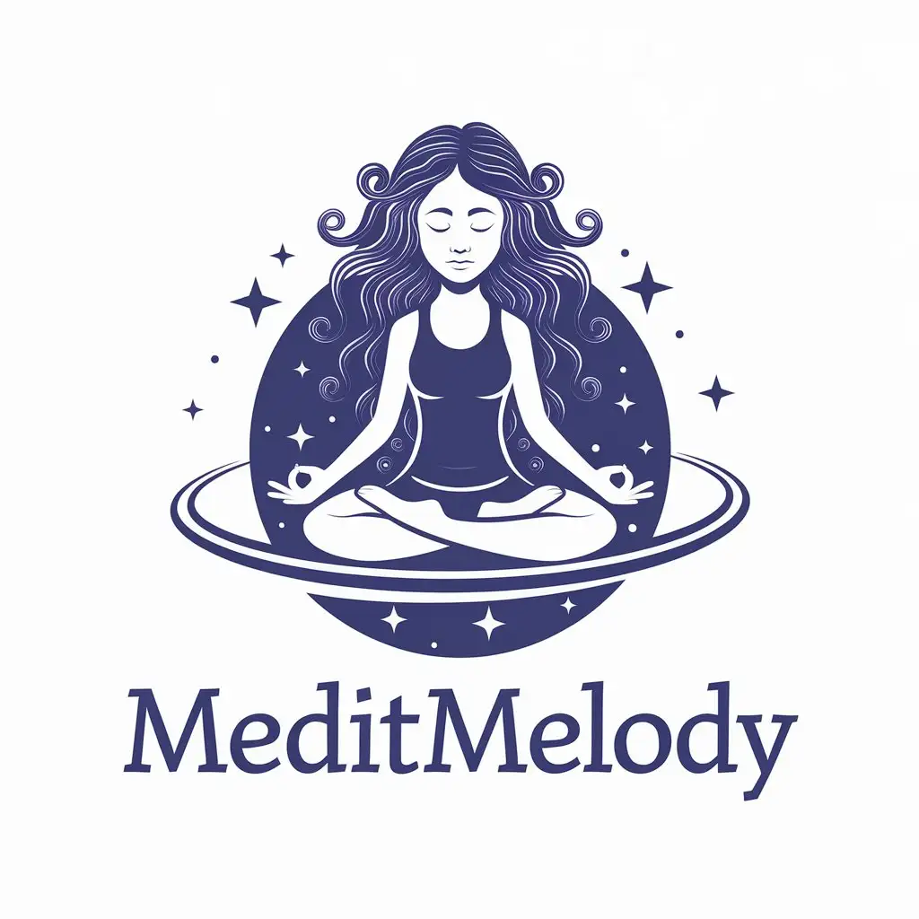 a vector logo design,with the text "MeditMelody", main symbol:a beautiful girl meditating with very long curly growing hair sitting in space in lotus pose on a planet among the stars,Moderate,be used in Yoga meditation music industry,clear background