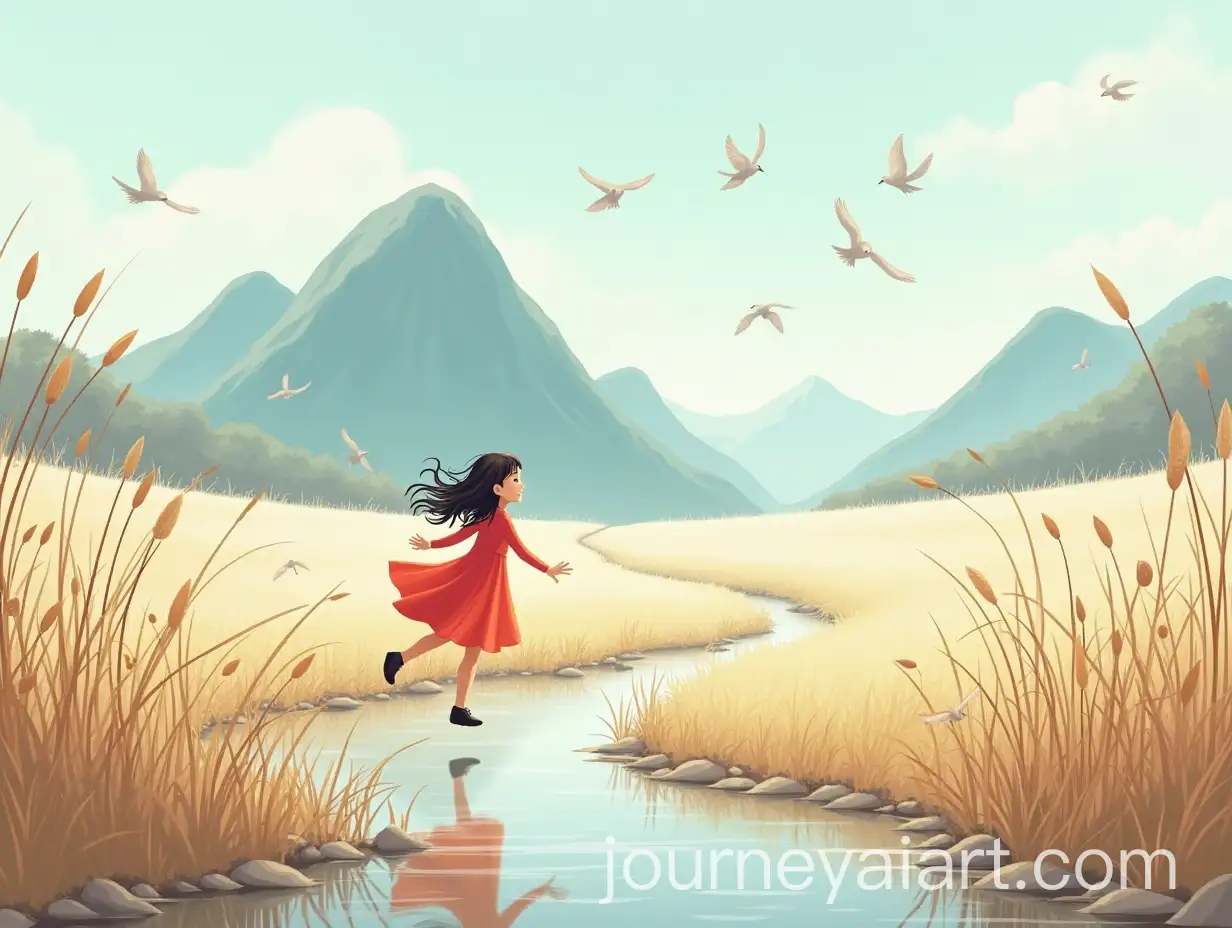 Little-Girl-Running-Through-a-WindSwept-Landscape-with-Red-Dress-and-Birds-in-Flight