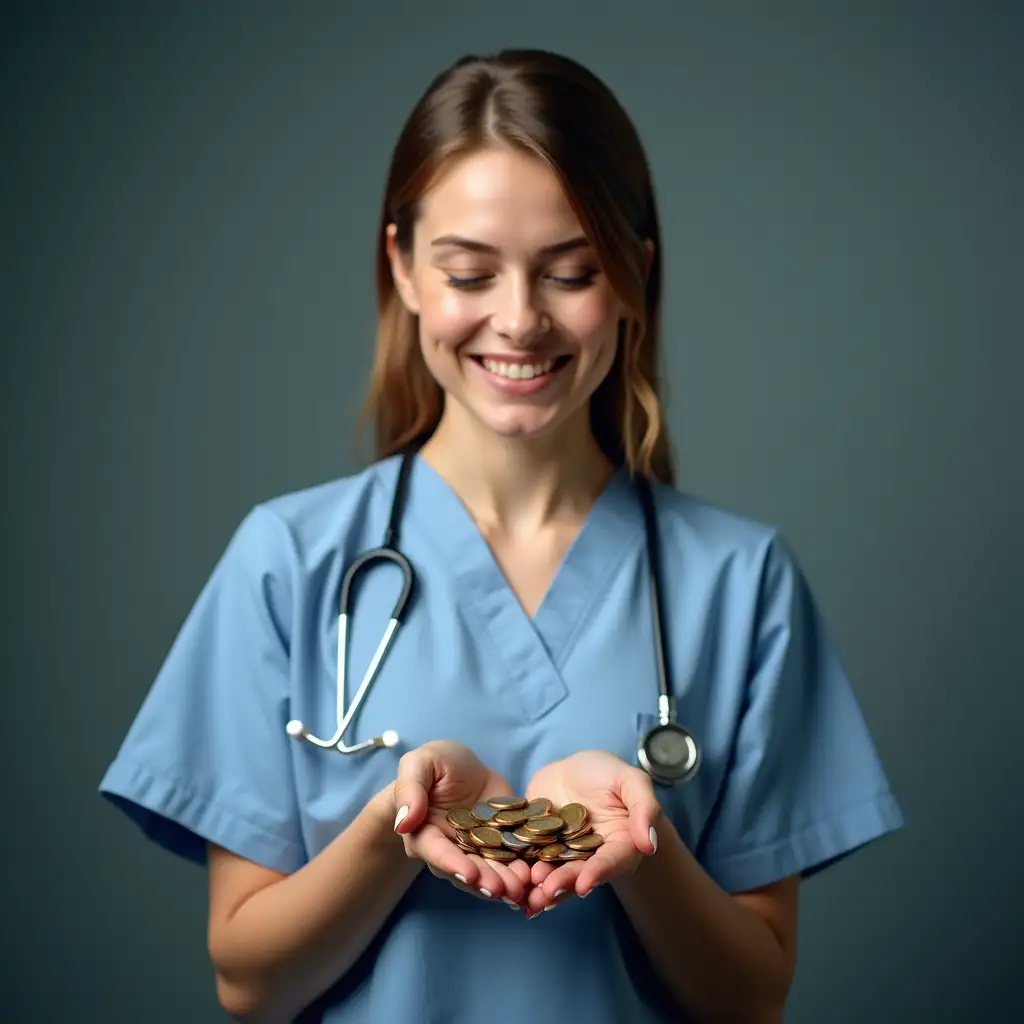 a female nurse is standing and holding coins in her hands and marvels