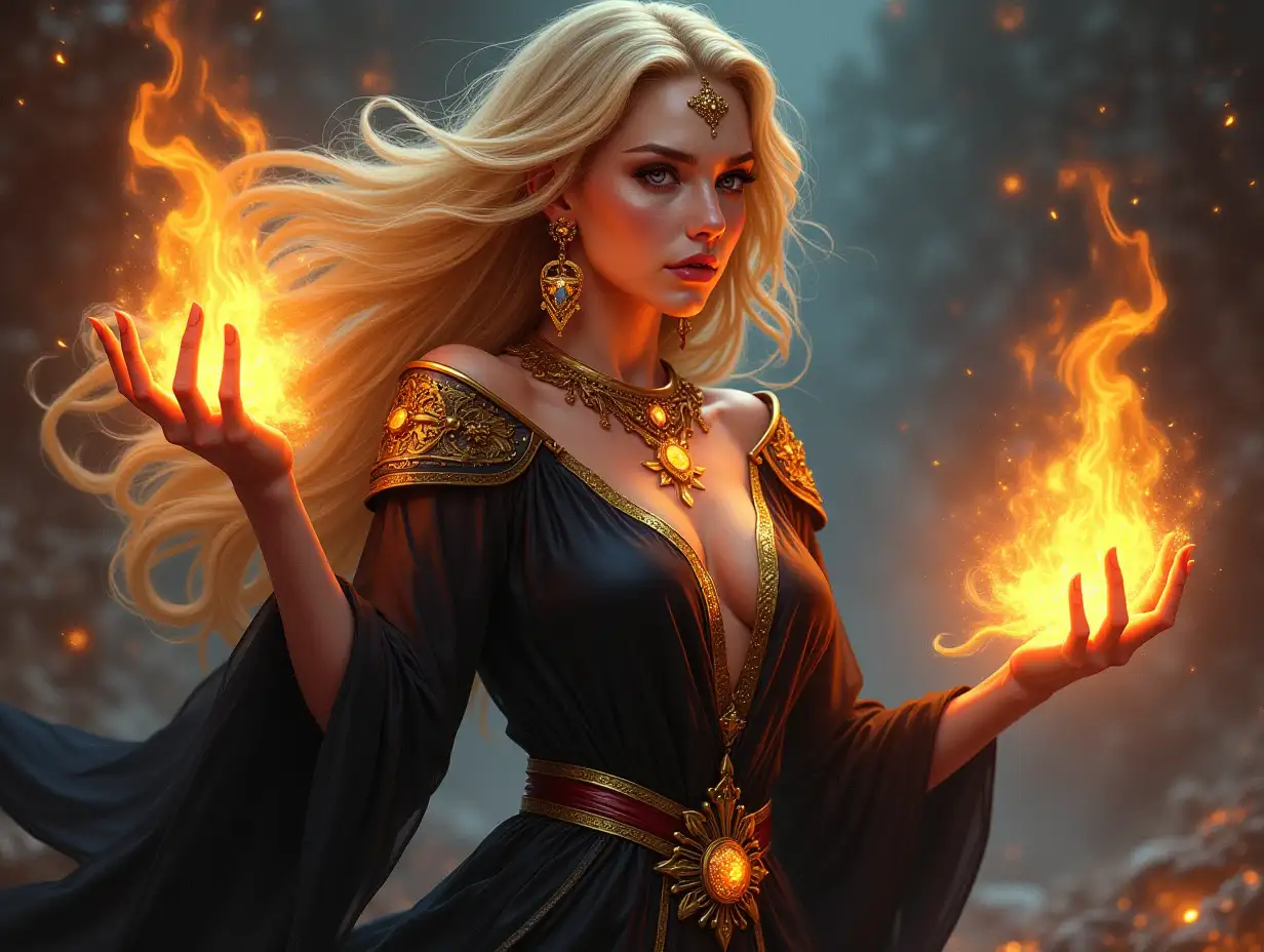 A captivating digital illustration of a sexy beautiful, blonde sorceress, adorned with ornate gold jewelry and a dark, flowing garment,  displaying mastery over fire, sparked, fluorescence, wind, and water with a detailed, high-quality rendering featuring a rich color palette inspired by fantasy. HD photograph