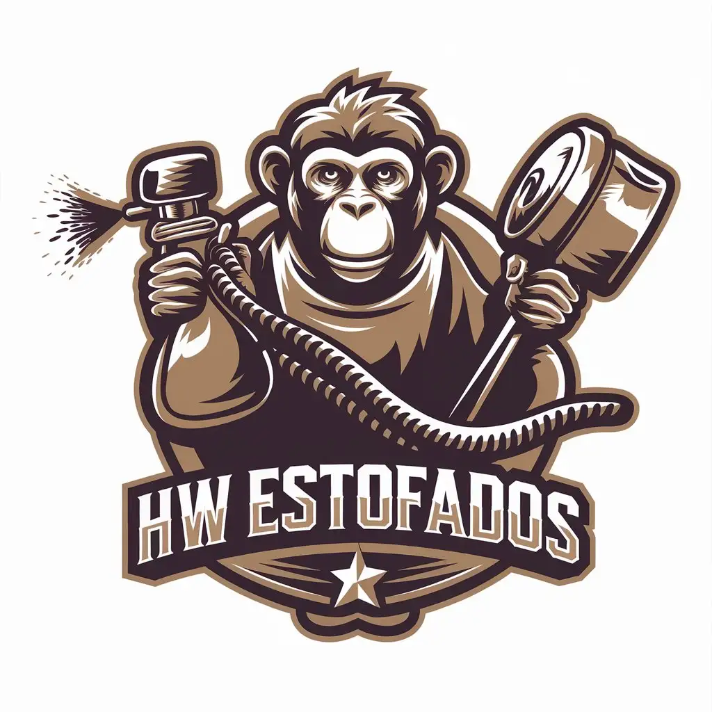 a vector logo design,with the text "HW ESTOFADOS", main symbol:Monkey holding a sprayer and a vacuum cleaner,complex,clear background