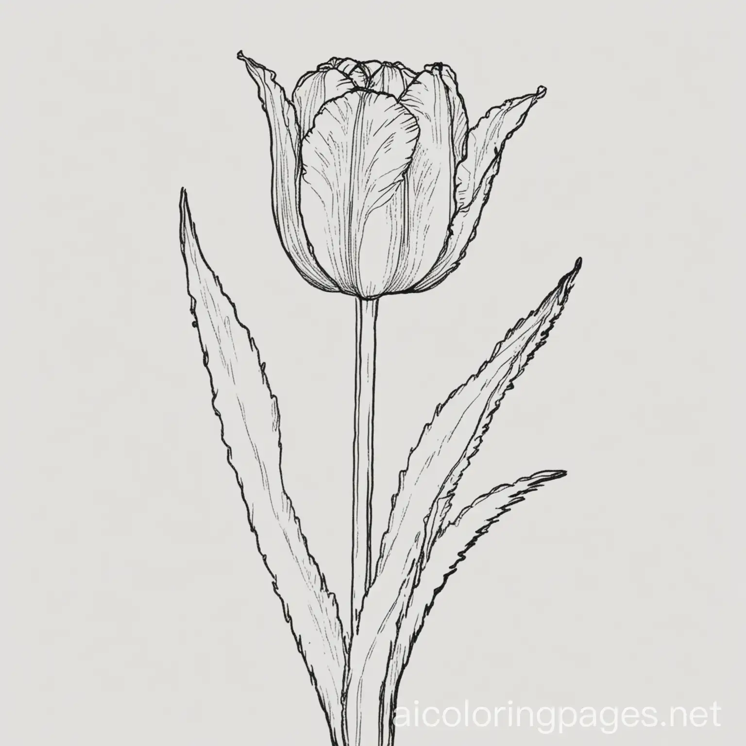 long stemmed tulip , Coloring Page, black and white, line art, white background, Simplicity, Ample White Space. The background of the coloring page is plain white to make it easy for young children to color within the lines. The outlines of all the subjects are easy to distinguish, making it simple for kids to color without too much difficulty