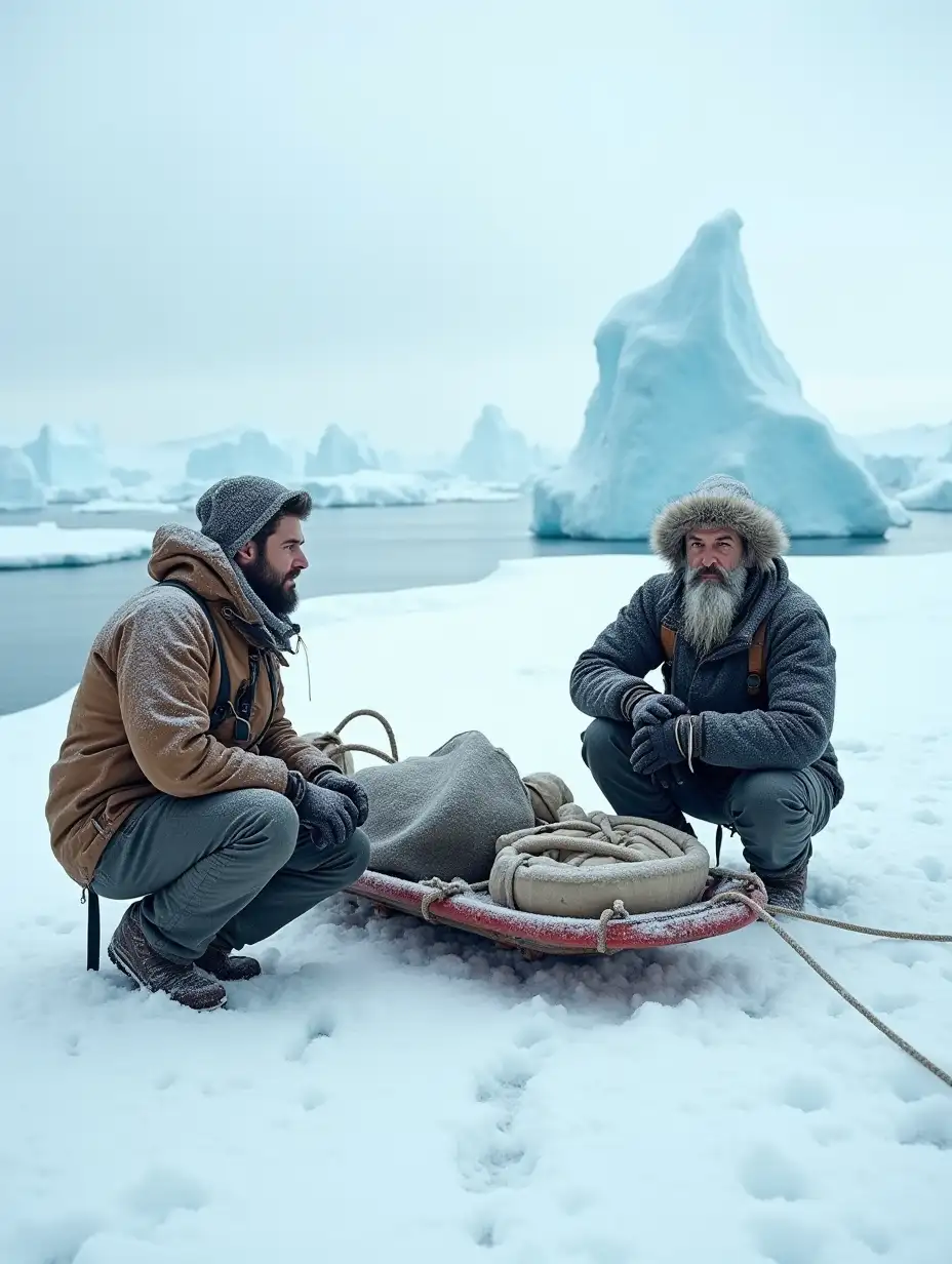 Two rugged male travelers stranded in the Arctic wilderness, surrounded by an endless expanse of ice and snow. They are dressed in heavy, weathered winter gear, with frost clinging to their beards and clothes. One man crouches next to a sled laden with sparse supplies, while the other stands, looking out over the frozen landscape with a mix of determination and desperation. Towering icebergs and a pale, overcast sky emphasize the harsh, isolating environment. Snow falls gently, and their footprints fade into the distance, highlighting their struggle against nature's unforgiving elements.