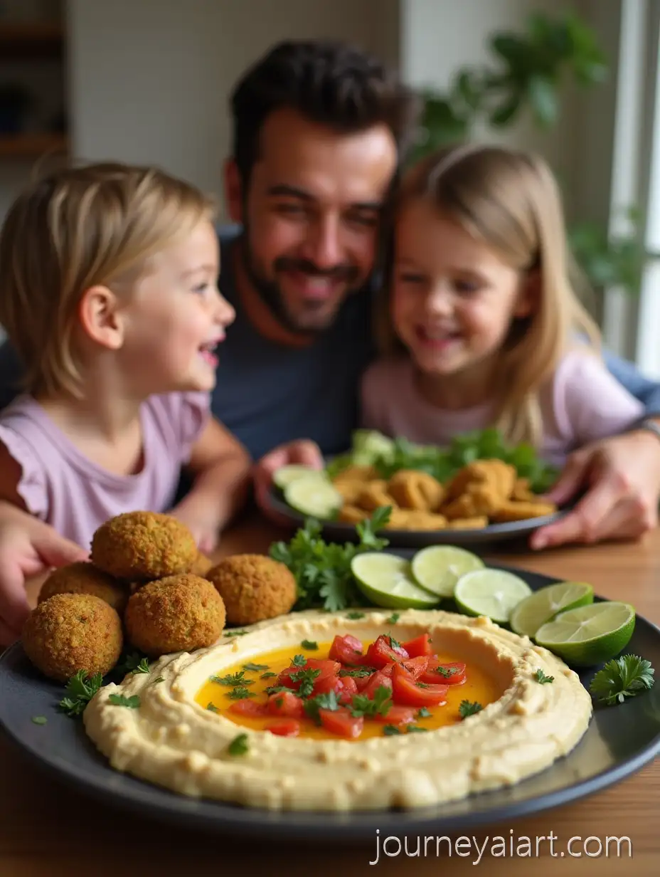 Family-Enjoying-Hummus-and-Falafel-Plate-at-Home-Dining-Table