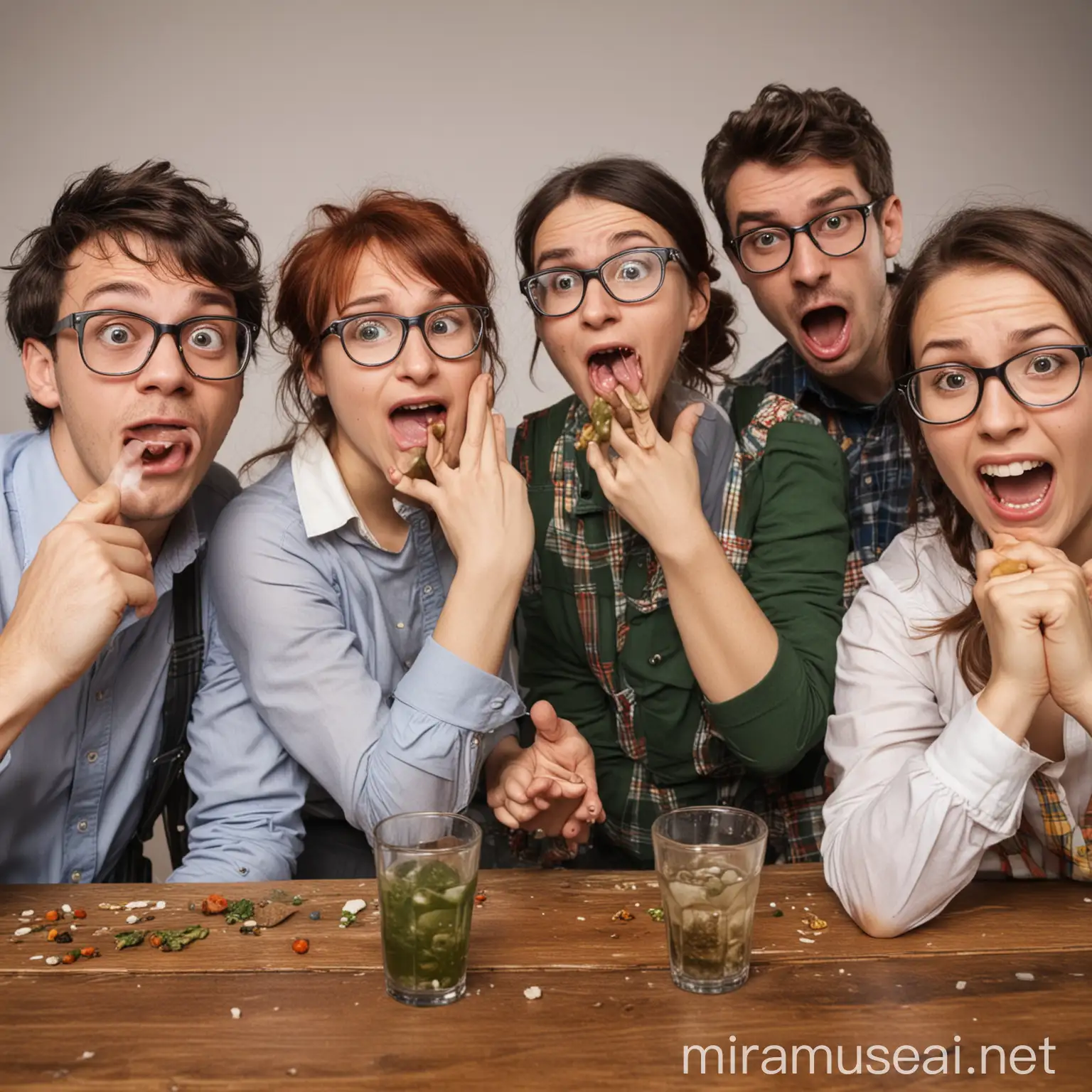 Group of Nerdy Friends Enjoying Turkish Kfte Dinner Together