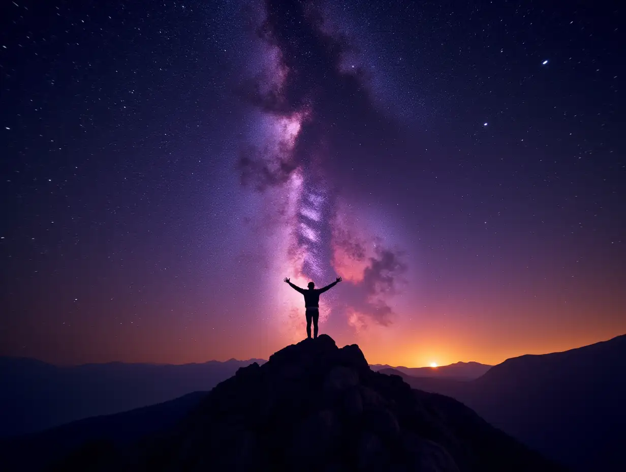 Person-Standing-on-Hilltop-Under-the-Milky-Way-with-Arms-Raised-in-Triumph