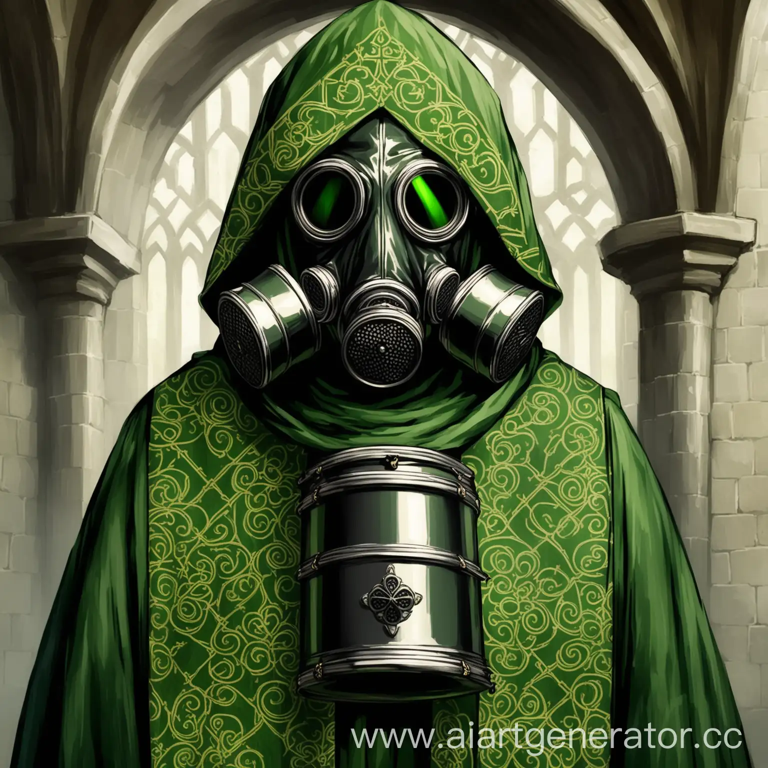 Monk-in-Ornate-GreenPatterned-Robes-and-Medieval-Gas-Mask