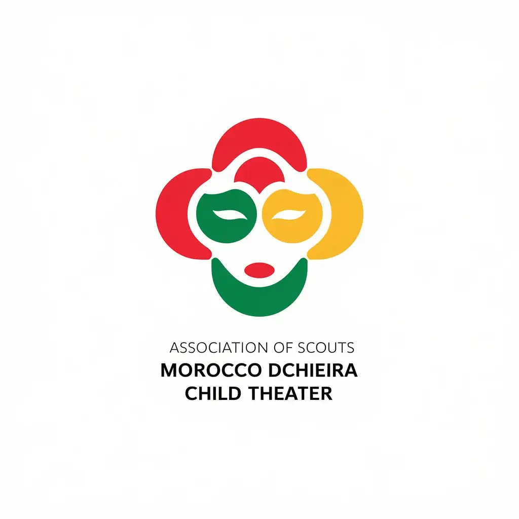 LOGO Design for Association of Scouts Morocco Dcheira Child Theater Red Green and Yellow Scouts Logo with Stage Mask