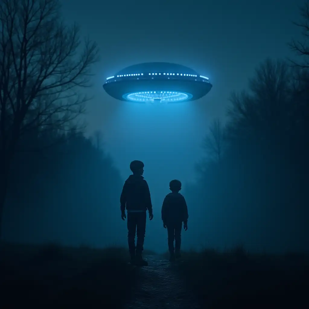 Two young boys walking alone at night through a dark and misty valley...when they see a doughnut shaped round craft with blue lights in the sky above 