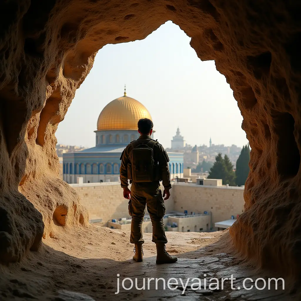 Soldier-in-Camouflage-Military-Uniform-with-Dome-of-the-Rock-in-a-Cave