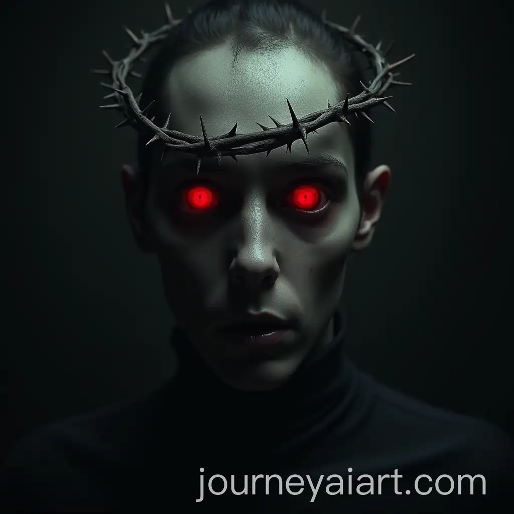 Eerie-Figure-with-Red-Eyes-Gazing-at-a-Crown-of-Thorns