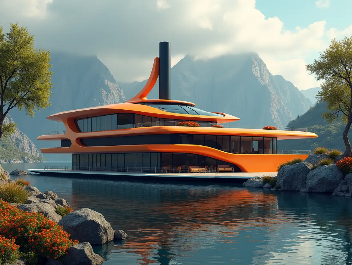 Create a high-resolution realistic image in 4k resolution a futuristic Orange with black Building with curved pillars, mountains large trees, rocks flowers a futuristic very large Yacht with glass window cloudy sky