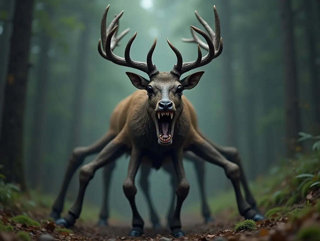 Terrifying-Nightmare-Deer-with-Jagged-Fangs-in-a-Dense-Mountain-Forest