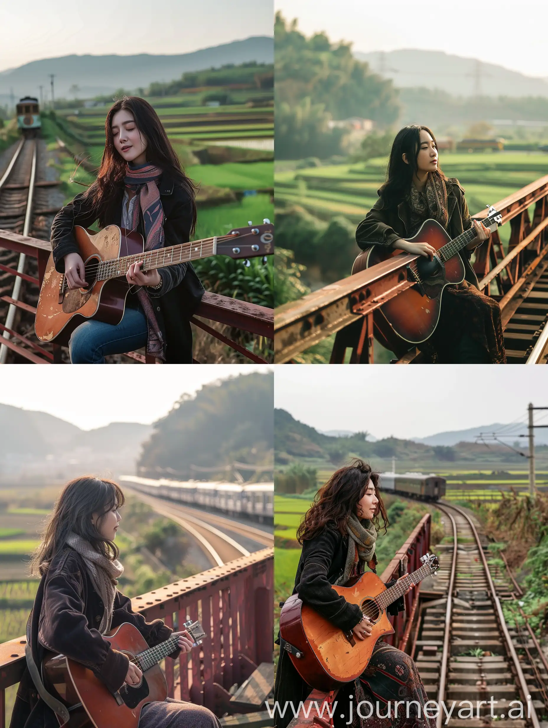 Young-Korean-Woman-Playing-Guitar-on-Rusty-Red-Bridge-at-Sunrise