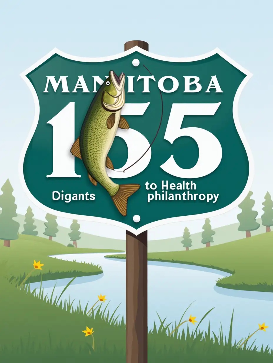 Using a Province of Manitoba Highway sign as a base image, Create a logo using the number 155 and a fisherman,  have a walleye jumping over the 155, add the words “Journey to health and philanthropy”