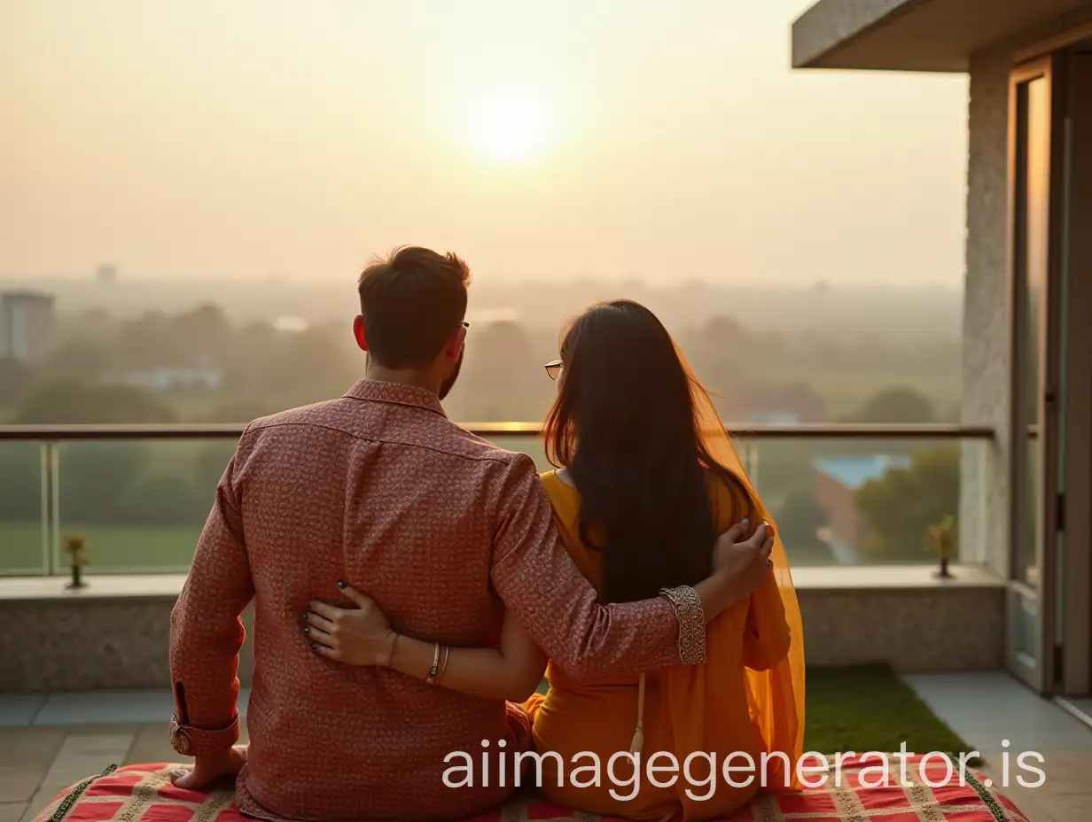 Indian-Rich-Couple-Enjoying-on-Balcony-with-Scenic-View-from-Behind