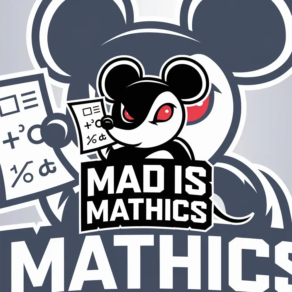 LOGO Design for Mad Is Mathics Black and White Mouse Mascot with Red Eyes in Minimalist Style