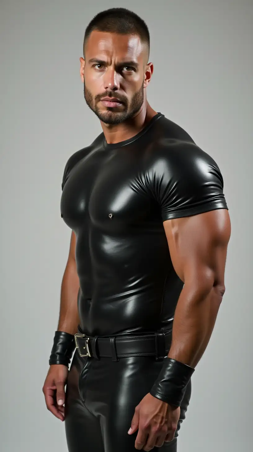 Muscular Man in Black Fetish Leather Apparel