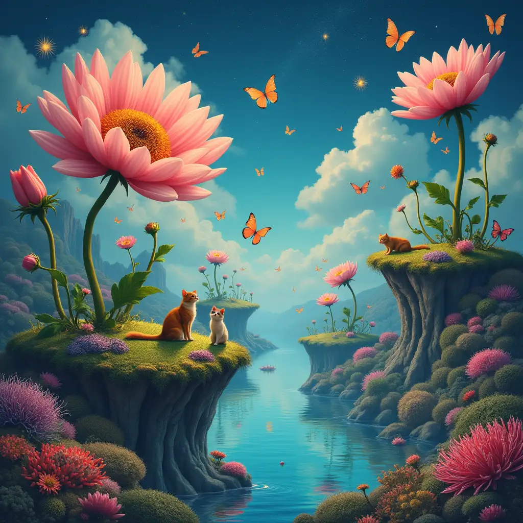 A surreal scene with giant flowers growing on five floating islands, with fairies, cats with an interesting mix of coral reefs, butterflies and stars