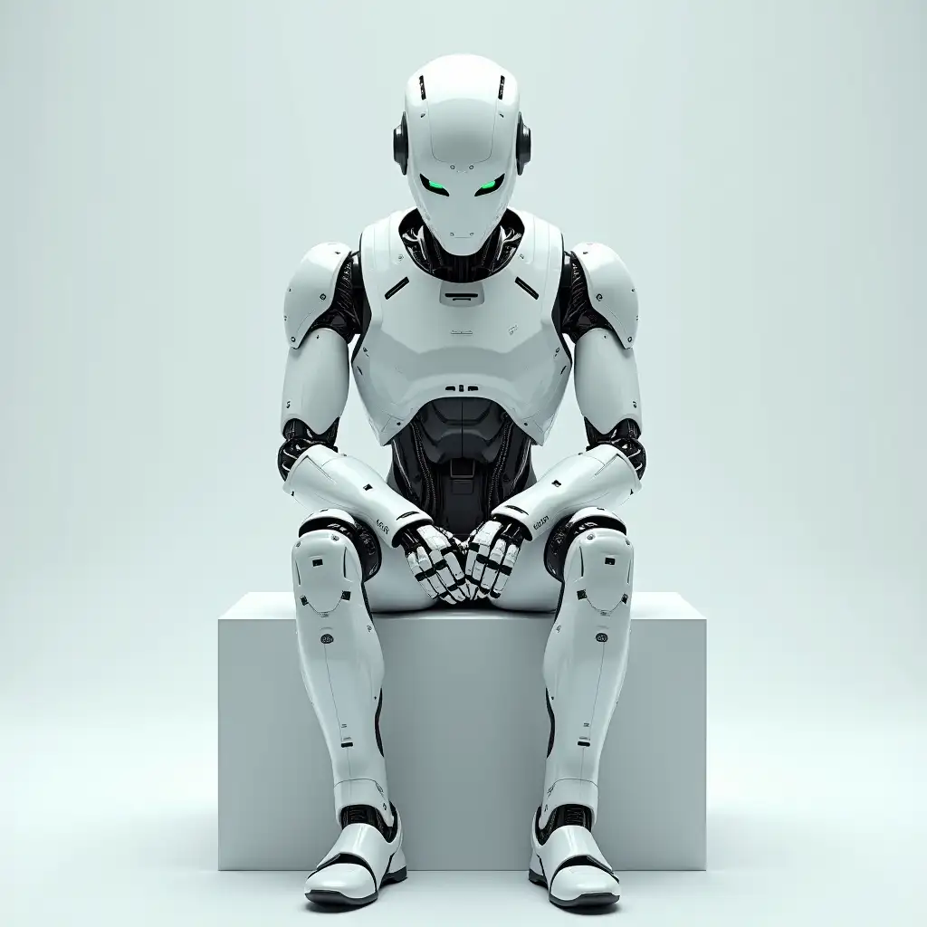 a full-body futuristic male robot sitting and fixing an invisible box, highly detailed front view