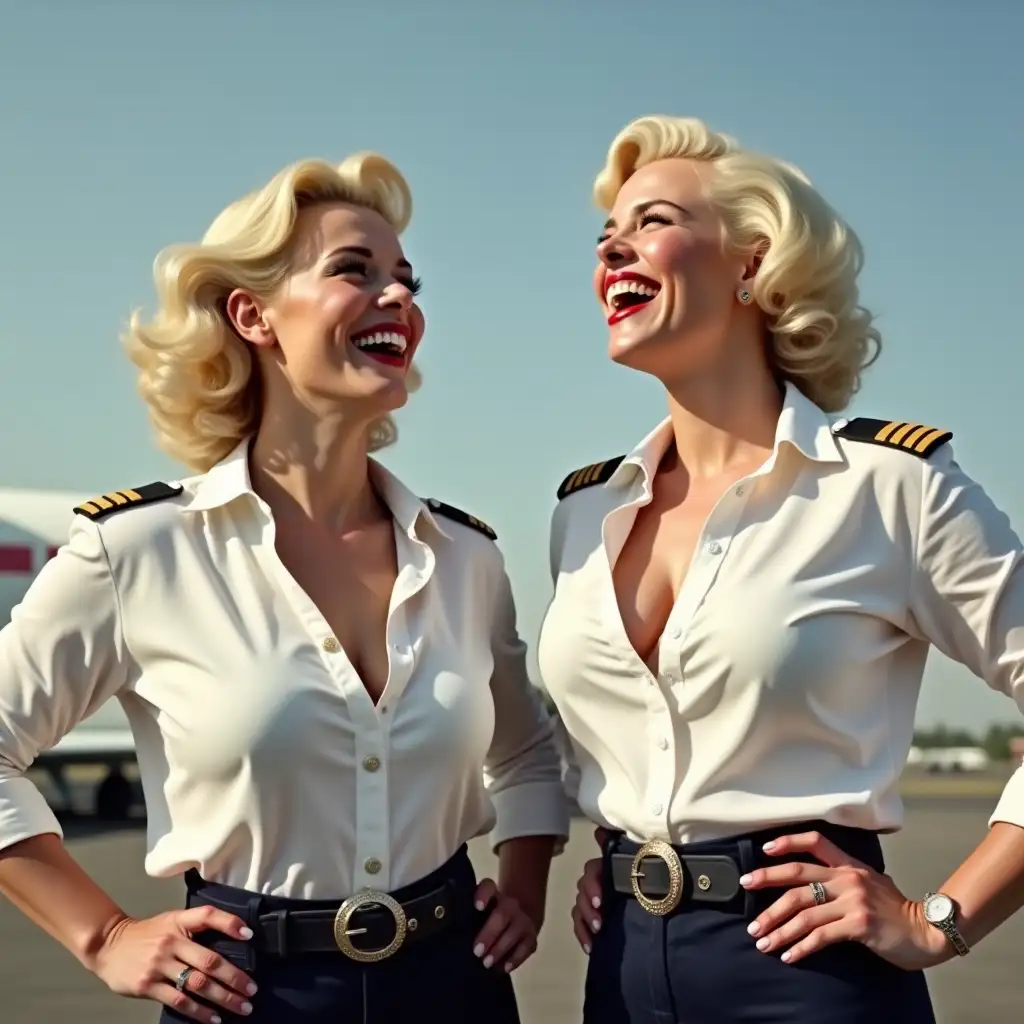 two white curvy pilot ladies, Marilyn Monroe face, in white unbuttoned pilot shirt, laughing with her mouth open, red lipstick accentuating her smile,belt on waist, big wide hips, chest are fully grown, jewerly, short hair, HD, enjoing at airport , photo-realism