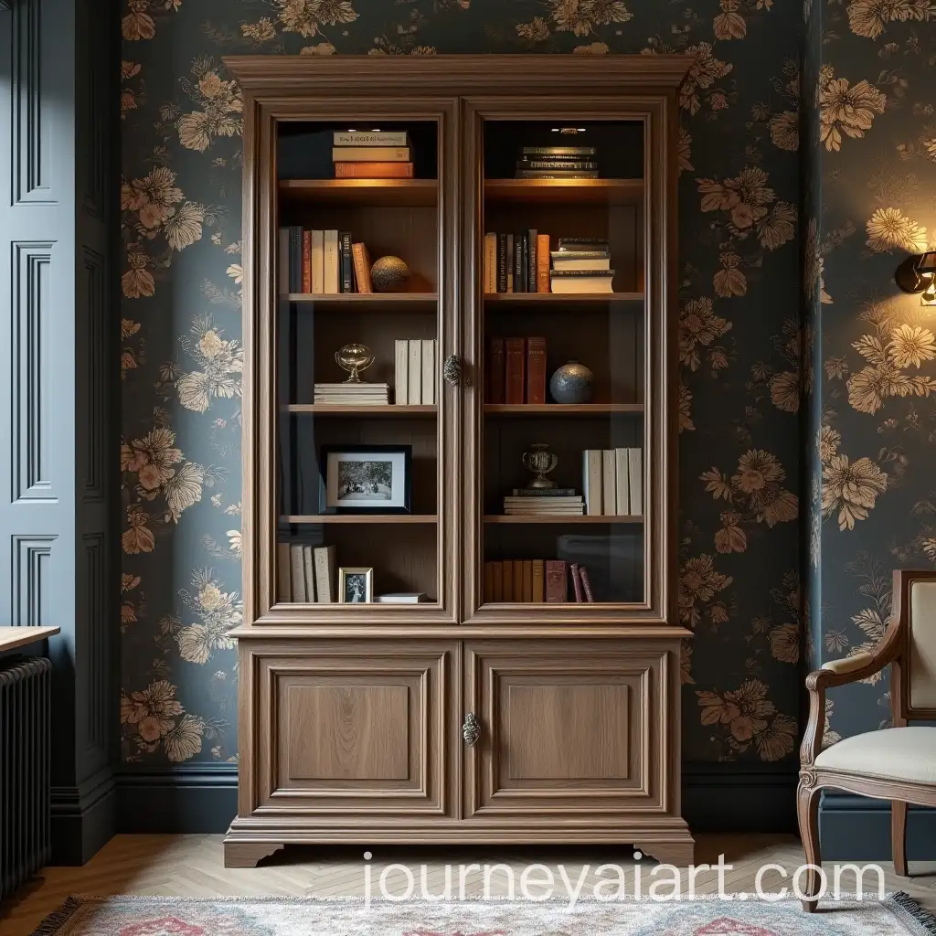 Rustic-Dark-Oak-Bookcase-in-Luxurious-Room-with-Decorative-Objects