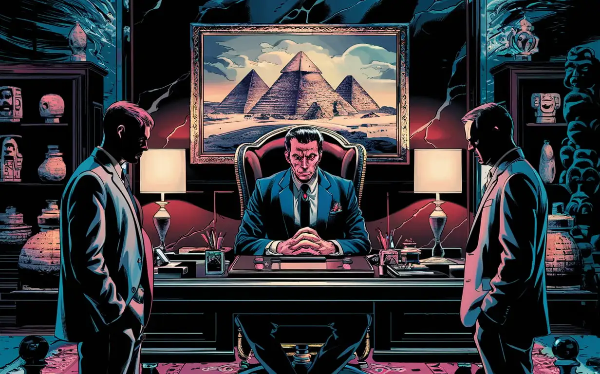 CEO in Expensive Office with Ancient Artifacts and Pyramid Painting