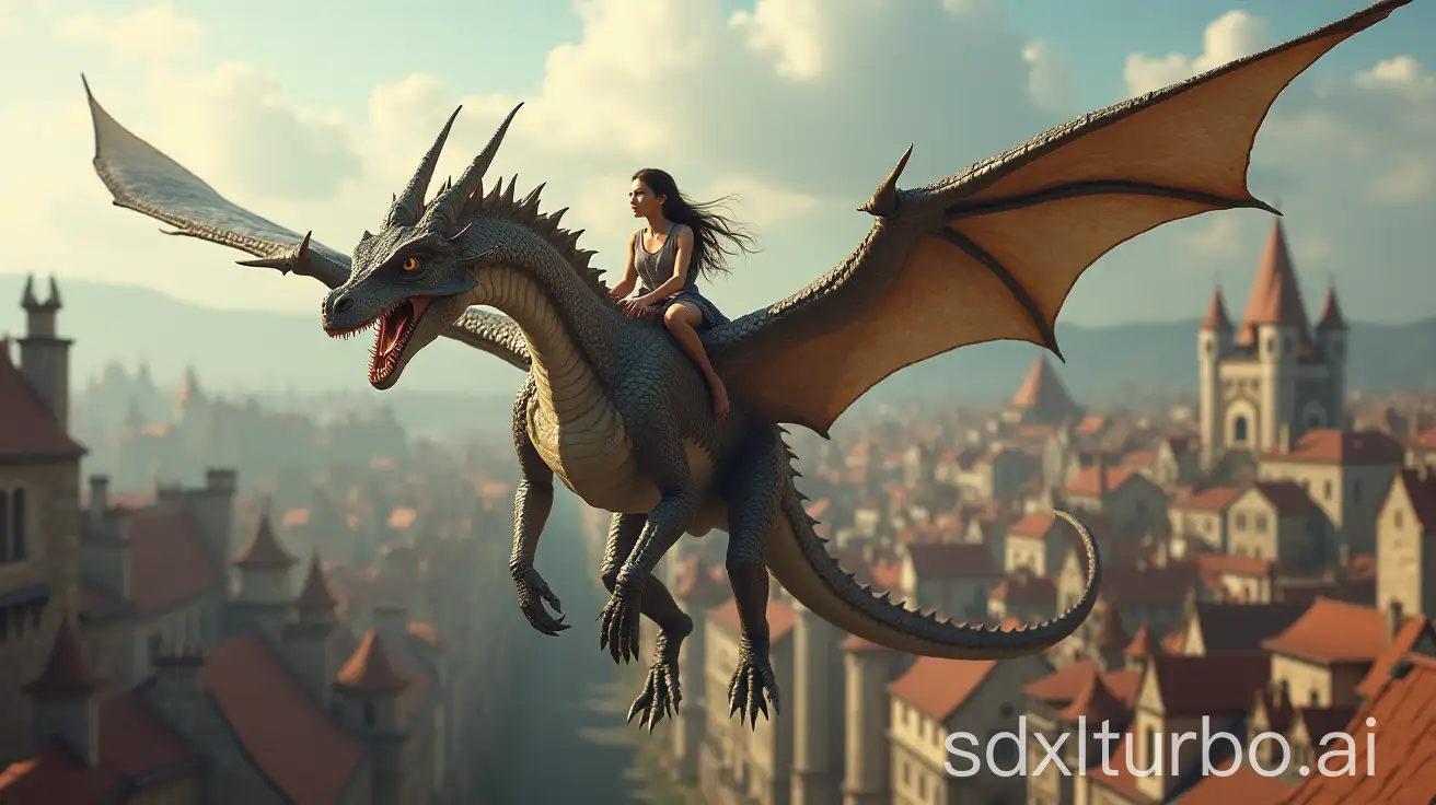 old flying dragon above the rooftops of a medieval city, detailed and hyper-realistic dragon, girl riding the dragon, straight-on view