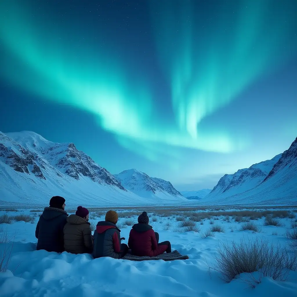 A group of people lies in the snow during the Quaternary period, gazing up at vibrant auroras boreales illuminating the ancient night sky. They are surrounded by a vast, snowy landscape characteristic of the Quaternary, with tundra and steppe terrain blanketed in snow. In the background, rugged hills and snow-capped mountains sculpted by glacial activity rise against the horizon. Sparse, hardy shrubs and ancient grasses poke through the snow, adding texture to the frozen landscape. The scene captures the awe of watching the northern lights in an ancient world, with soft, ethereal colors reflecting off the pristine snow and enhancing the raw, untouched beauty of the Quaternary era.