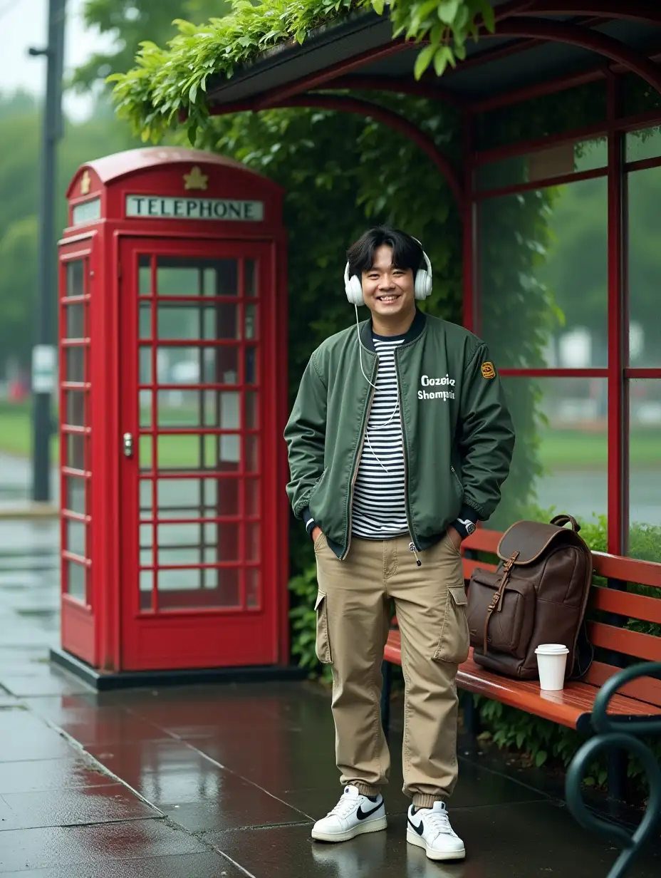 Stylish-Korean-Man-at-Bus-Stop-with-British-Telephone-Booth-in-Rainy-Park-Setting