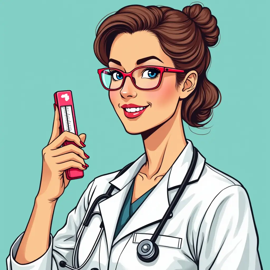 a woman doctor in pop art style pediatrician holds a thermometer