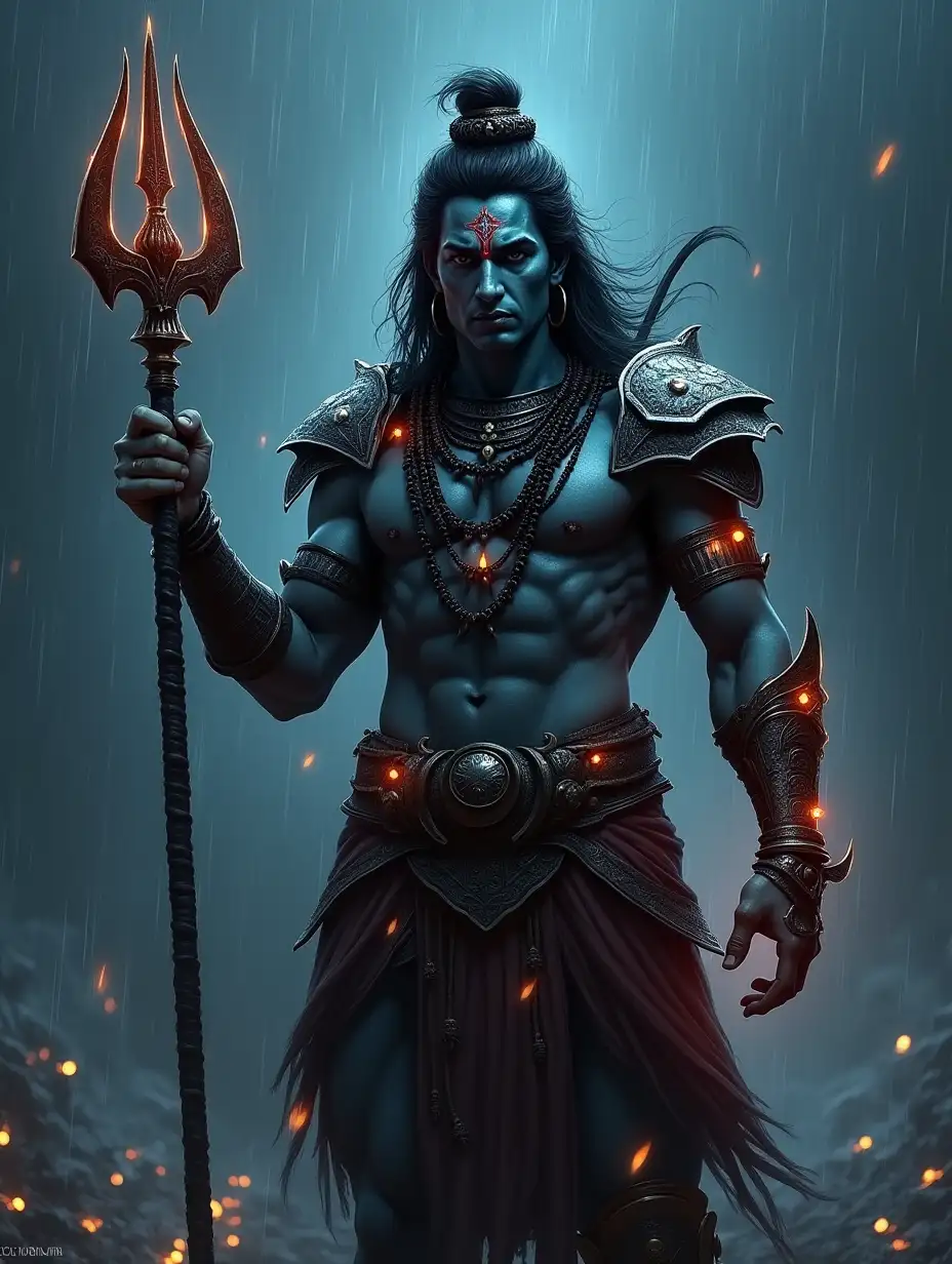 digital wallpaper, Lord Shiva the warrion, trishul in his hand, alone, glowing elements, intricate armor, night, rainy, epic scene, fearless, proud pose, digital art, painting style, by Milo Manara and Russ Mills, dramatic lighting, emotionally profound, unforgettable, very intricate