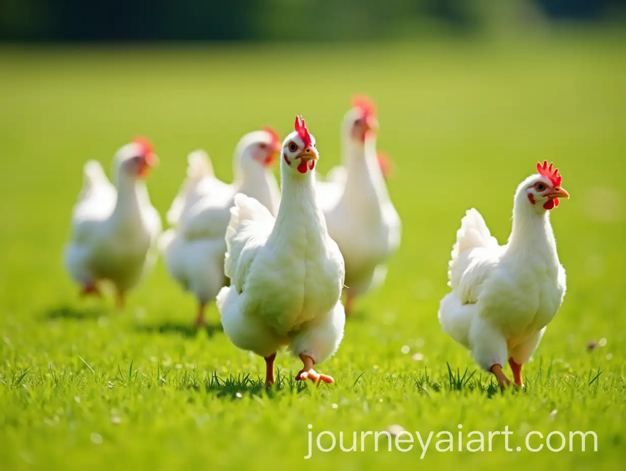 White-Chickens-Walking-on-a-Green-Field-in-Sunny-Weather