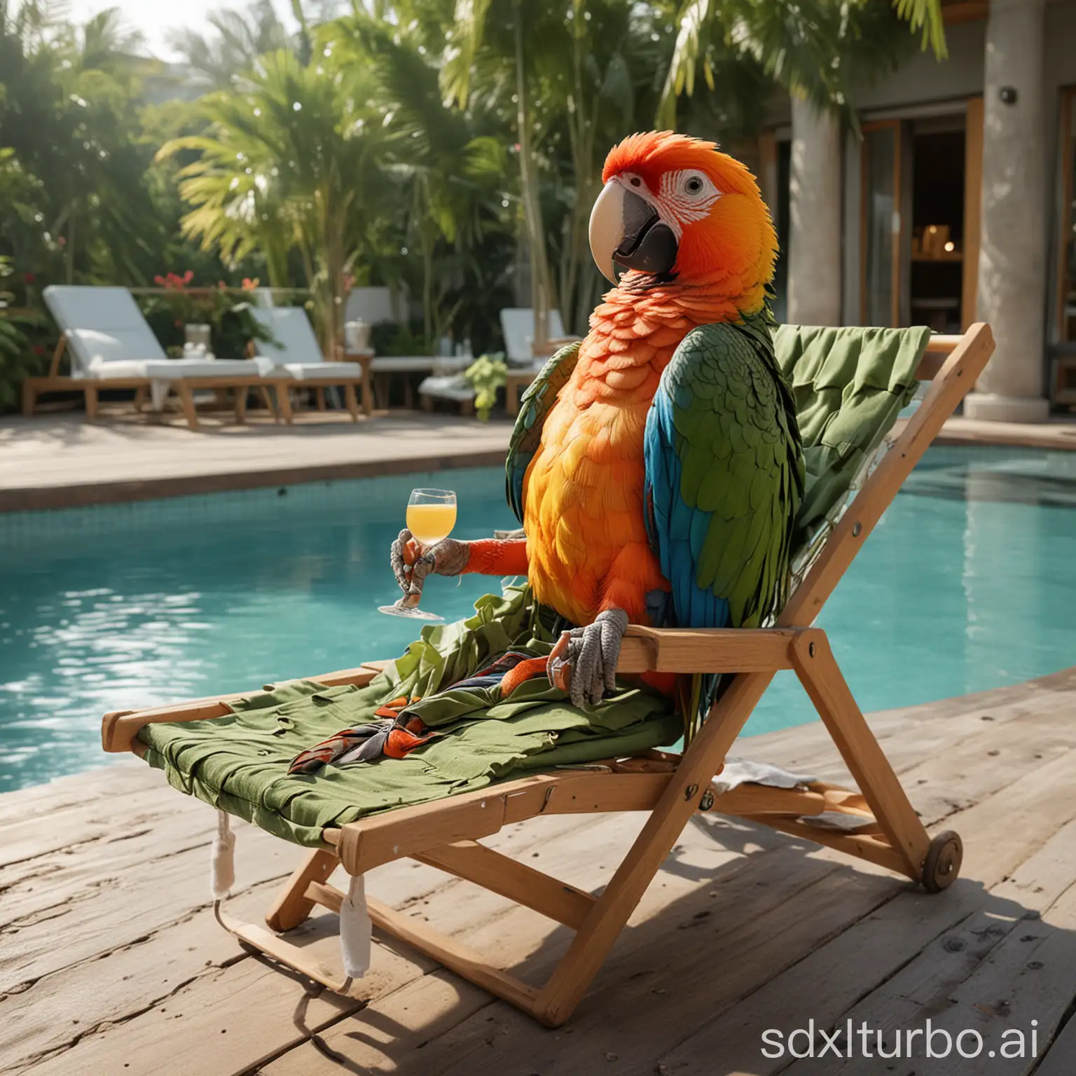 A humanoid Parrot relaxing on a deck chair in a beautiful spa