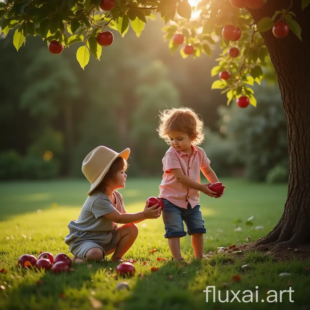 Close-up of children playing in the garden and picking apples from a tree. real frame