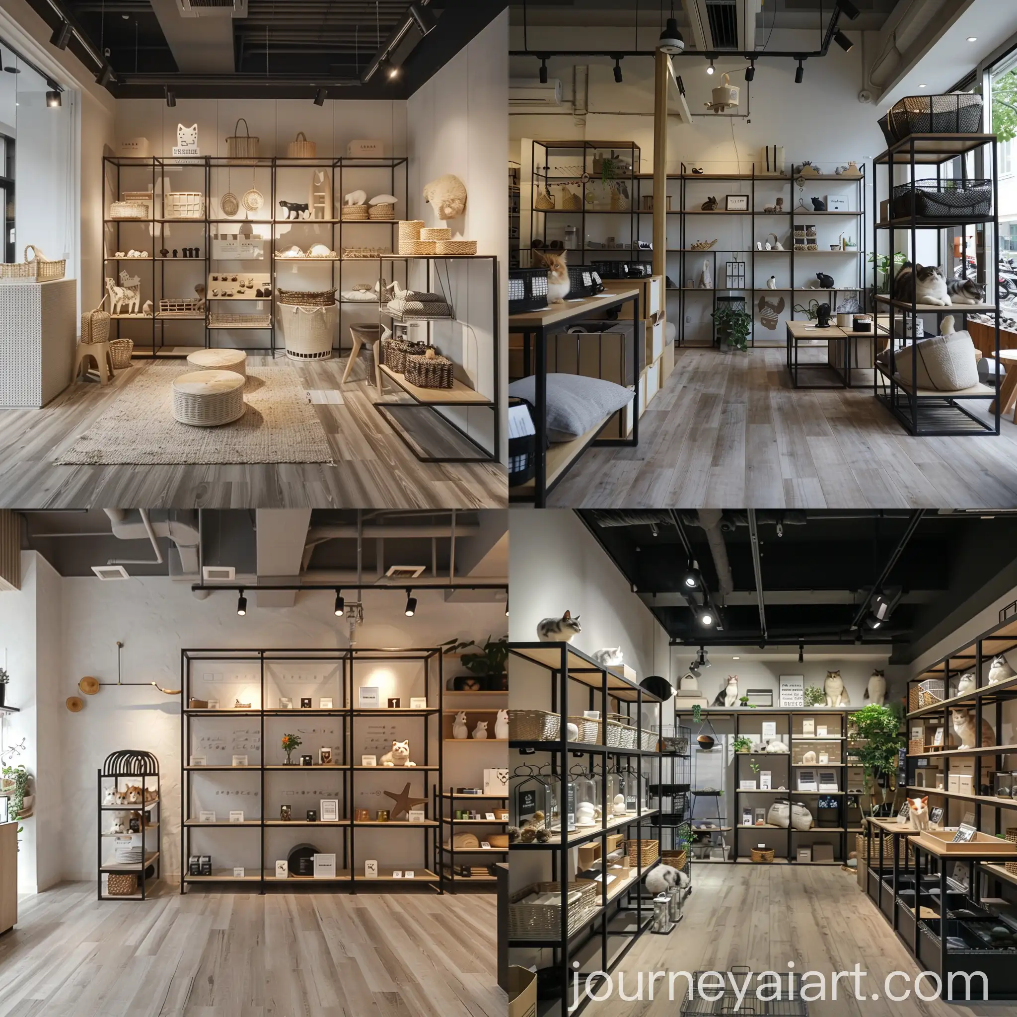 Minimalist-Pet-Store-Display-on-Black-Iron-Shelf-with-Muji-Style