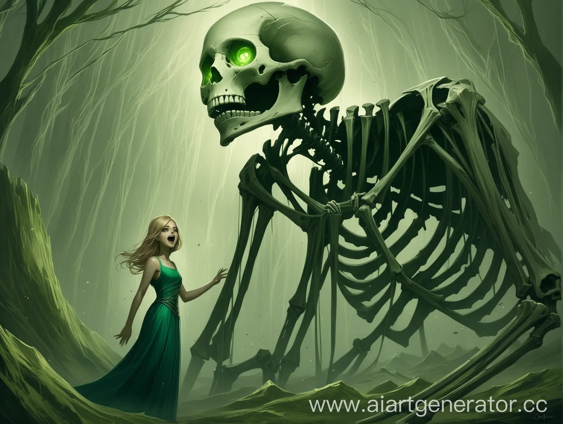 full size, model for game, Charlie Bowater, fantasy, giant skeleton, with green eyes, with open mouth, face on