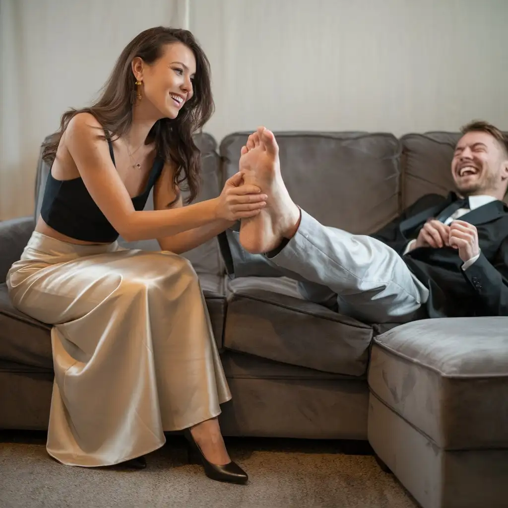 A beautiful woman is sitting on sofa. She is tightly gripping her husbands bare foot in her hand. She is wearing a long satin skirt and heels. The man is lying back on the sofa. He is laughing hysterically 