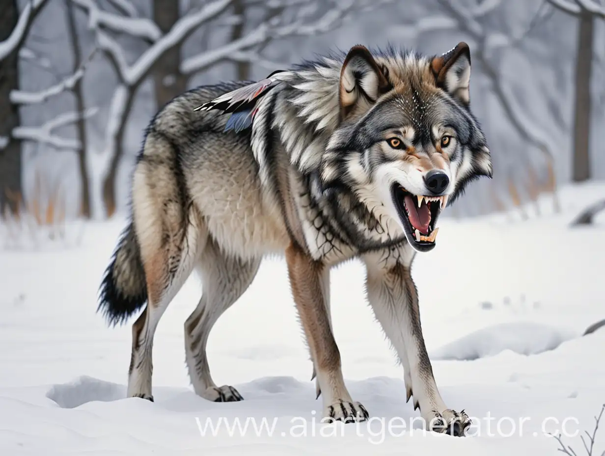 big grey wolf showing teeth, arrows in back, full body, snowy background