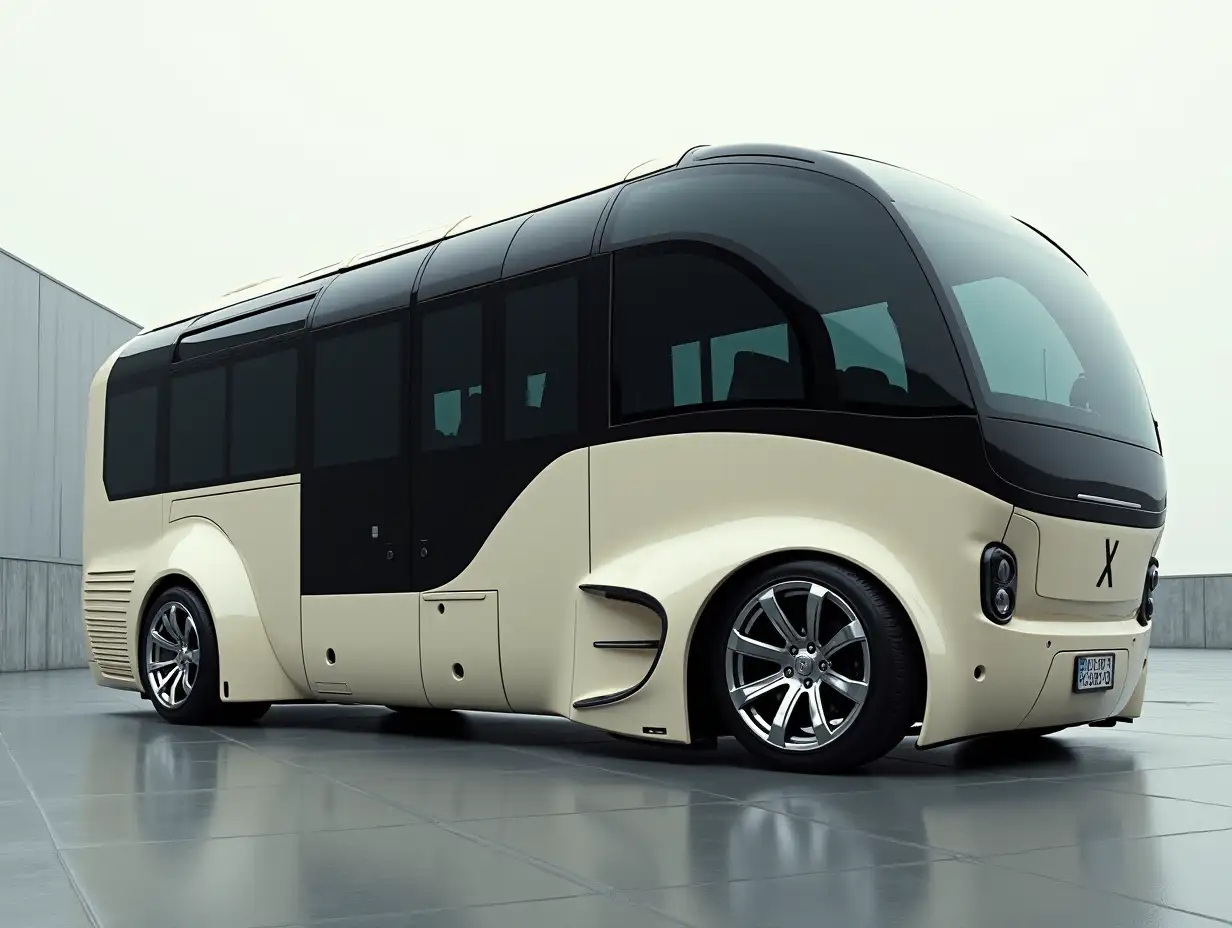 Supermodern bus with spoilers, lowered, aluminum wheels, cream, black colors, Cyberpunk