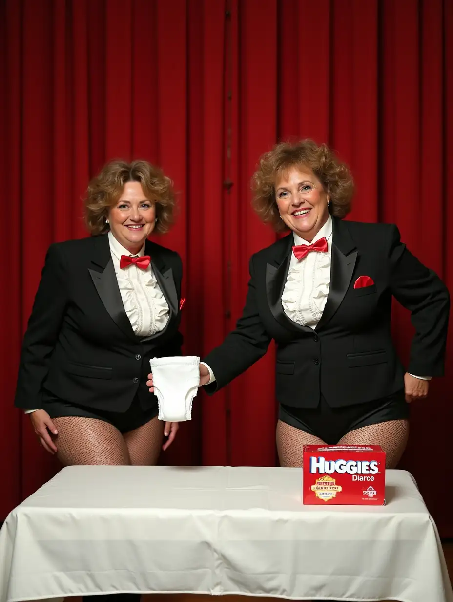 '((photo realistic))', (two matching sweet laughing older-aged larger plump obese body type with large wide hips) ((Caucasian female women)), with mid-length light brown curly pulled back on sides 1980s hair with curly bangs, wearing a very formal orchestra concert tuxedo with (black long sleeve high cut cropped above waist Eton jacket with a red and white name tag with the Huggies logo), (((white tuxedo shirt, with tight very high standing covering neck pleated ruffle collar, and many thick vertical pleats front))), (((red diamond point bow tie with red thick adjustable neckband))), red cummerbund, (((black very tight high cut spandex brief))), fishnets, (((looking at viewer while bending forward over a white padded changing table consisting of one medium sized white and red plastic rounded box of Huggies Diapers, while holding up a bright white mid-sized folded plastic backed disposable diaper in her hand, on a stage, with a red curtain backdrop, with a sign that reads 'Diaper Derby'))), (((close up pov front view)))