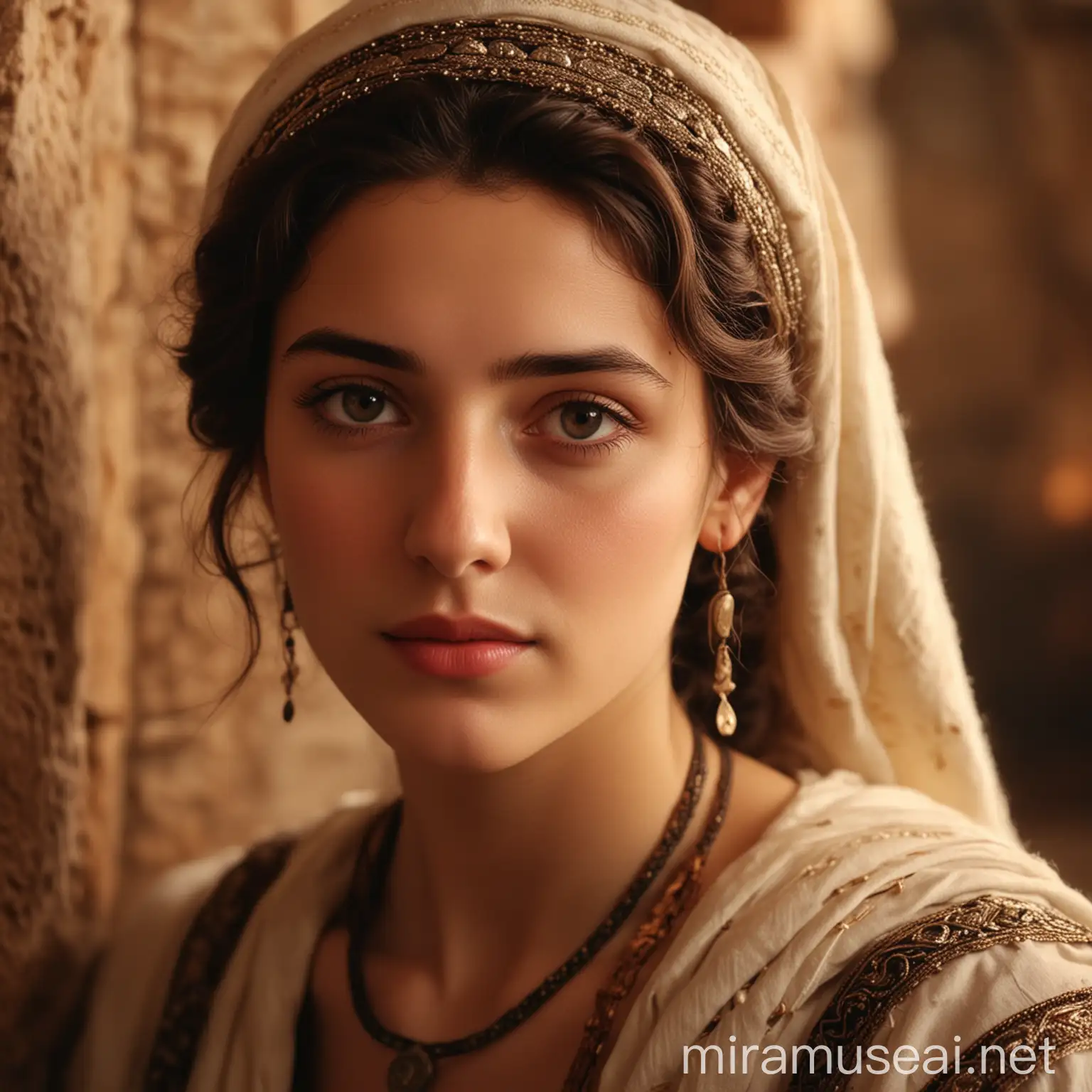 CloseUp Portrait of a Beautiful Jewish Woman in an Ancient Warm Atmosphere